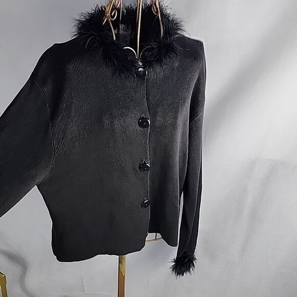 Feather Trimmed Black Knit Long Sleeved Button Cardigan Holiday Sweater - Picture 5 of 8